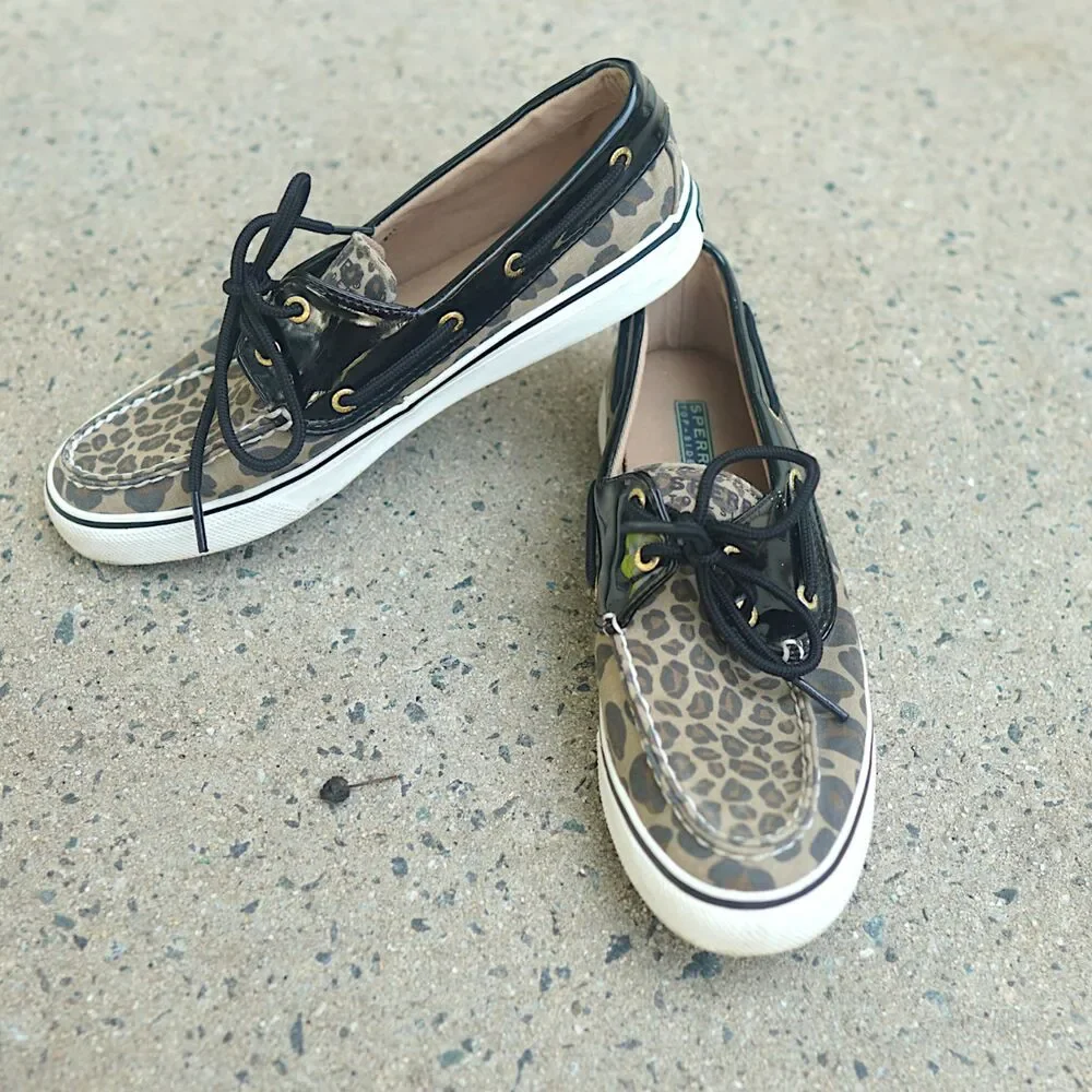 Sperry Top-Sider Biscayne Leopard Boat Shoes 8M Black Patent Leather Canvas